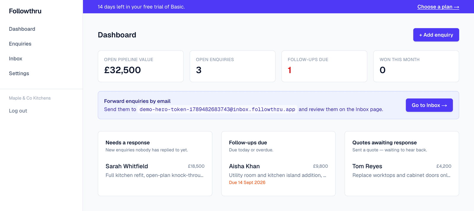 RemindU dashboard showing open enquiries, follow-ups due, and quotes awaiting response